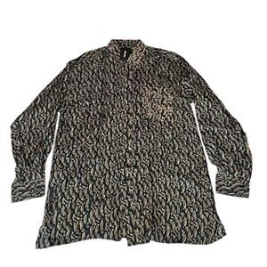 Volare Silk Navy and Tan Geometric Long Sleeve Button Down Shirt Size Large NWT